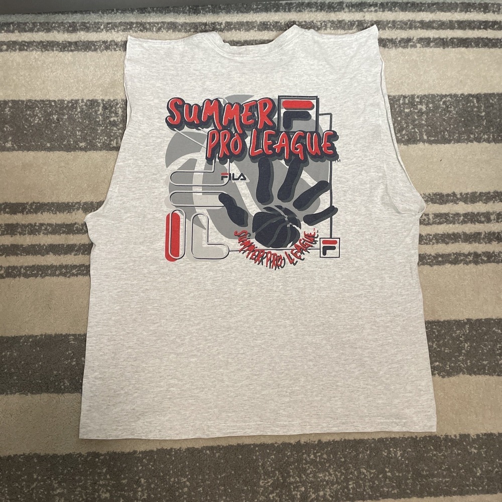 Vintage 90s Fila Summer Pro League Basketball Muscle Tee Shirt Gray L/XL RARE